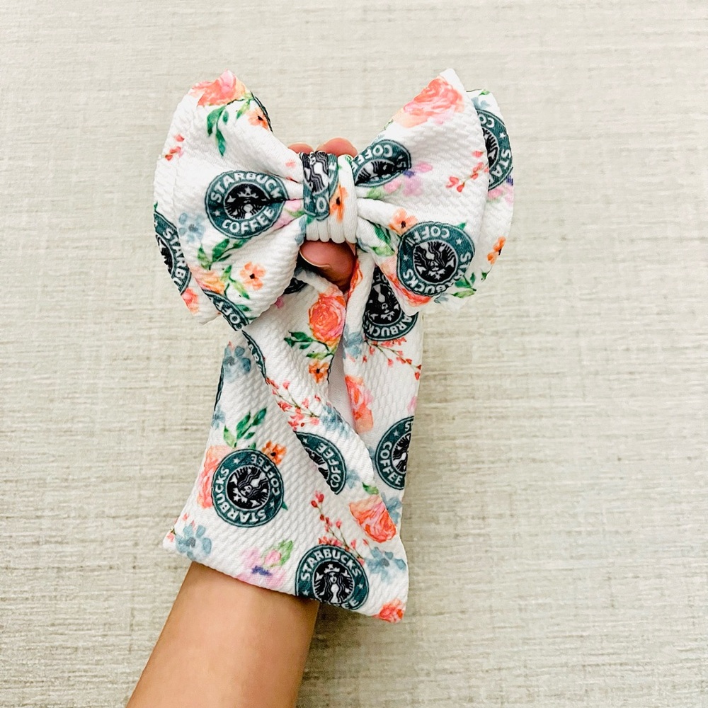 Floral Big Bow Headband Baby Girl 0-3M Green White Coffee Inspired